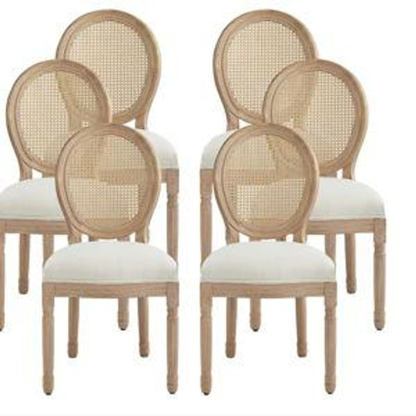 Nrizc Farmhouse Fabric Dining Room Chairs Set of 6, French Chairs with Round Back, Woven Rattan Dining Chair, Oval Side Chair for Dining Room/Kitchen/Restaurant