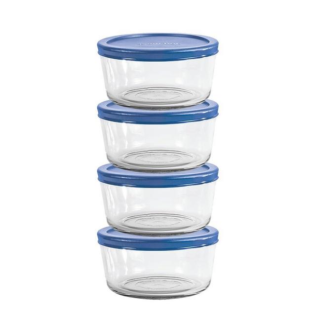 Anchor Hocking 2 Cup Glass Storage Containers with Lids, Set of 4 Glass Food Storage Containers with Blueberry SnugFit Lids