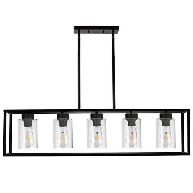 DOSOTY 5 Light Farmhouse Dining Room Light Fixture Black Rectangle Kitchen Island Chandelier Cage with Clear Glass Shade for Kitchen Island Dining Room