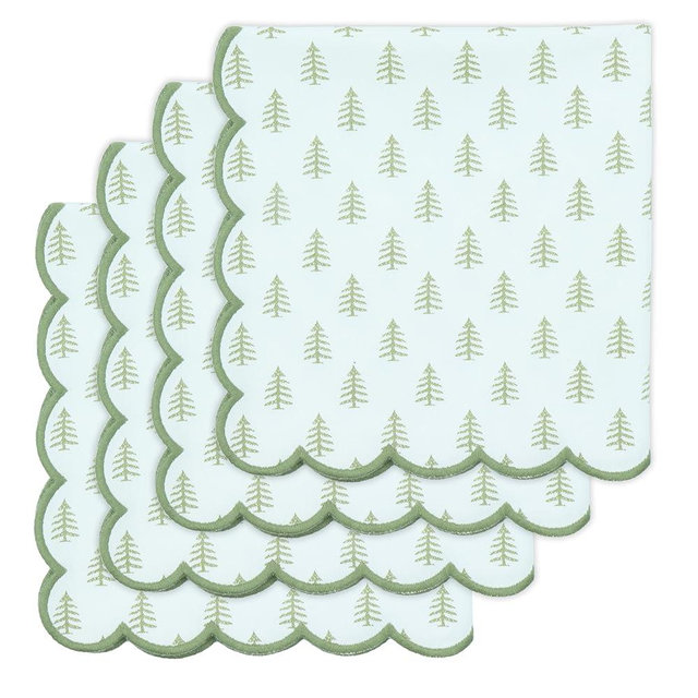 PurpleEssences Scalloped Embroidery Cloth Napkins Table Decor Christmas 100% Cotton Set of 4-18 x 18 inch - Christmas Tree
