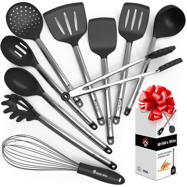 Kitchen Utensil Set - 10 Cooking Utensils - Nonstick Silicone and Stainless Steel Spatula Set - Best Kitchen Tools for Gift