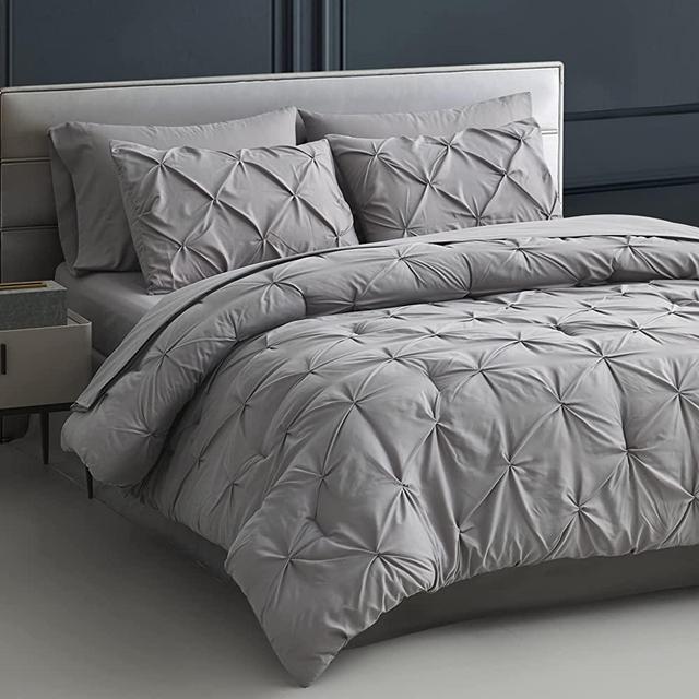 Maple&Stone Queen Comforter Set 8 Pieces Pinch Pleat Bed in A Bag, Grey Comforter Queen Sets Pintuck with Comforter Sheets Pillowcases & Shams Bed Skirt, Gray Bedding Comforter Sets for Queen Size Bed