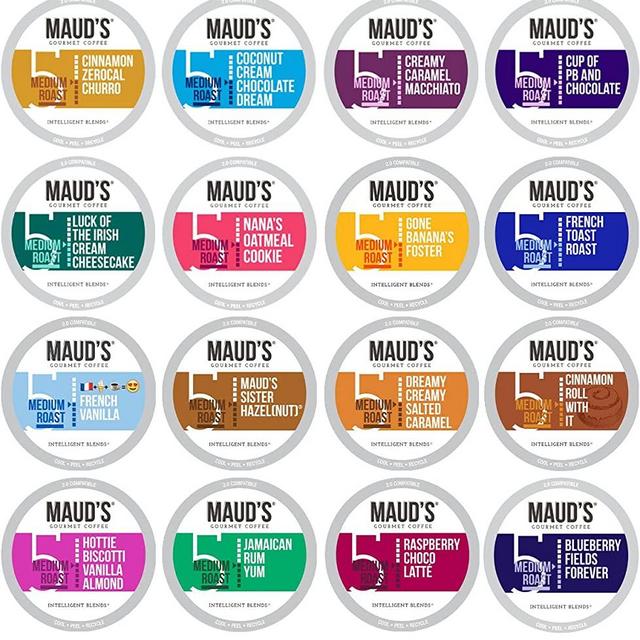 Maud's Super Flavored Coffee Variety Pack, 80ct. Solar Energy Produced Recyclable Single Serve Flavored Coffee Pods Jam-Packed with 16 Flavors - 100% Arabica Coffee California Roasted, KCup Compatible