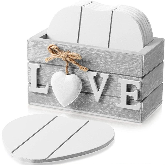 Coasters for Drinks, Wooden Heart Coasters Set of 6 Farmhouse Coasters with Holder Funny Coasters for Coffee Table Protection Housewarming Gifts for New Home Decoration, 4 Inch (Love, Grey)