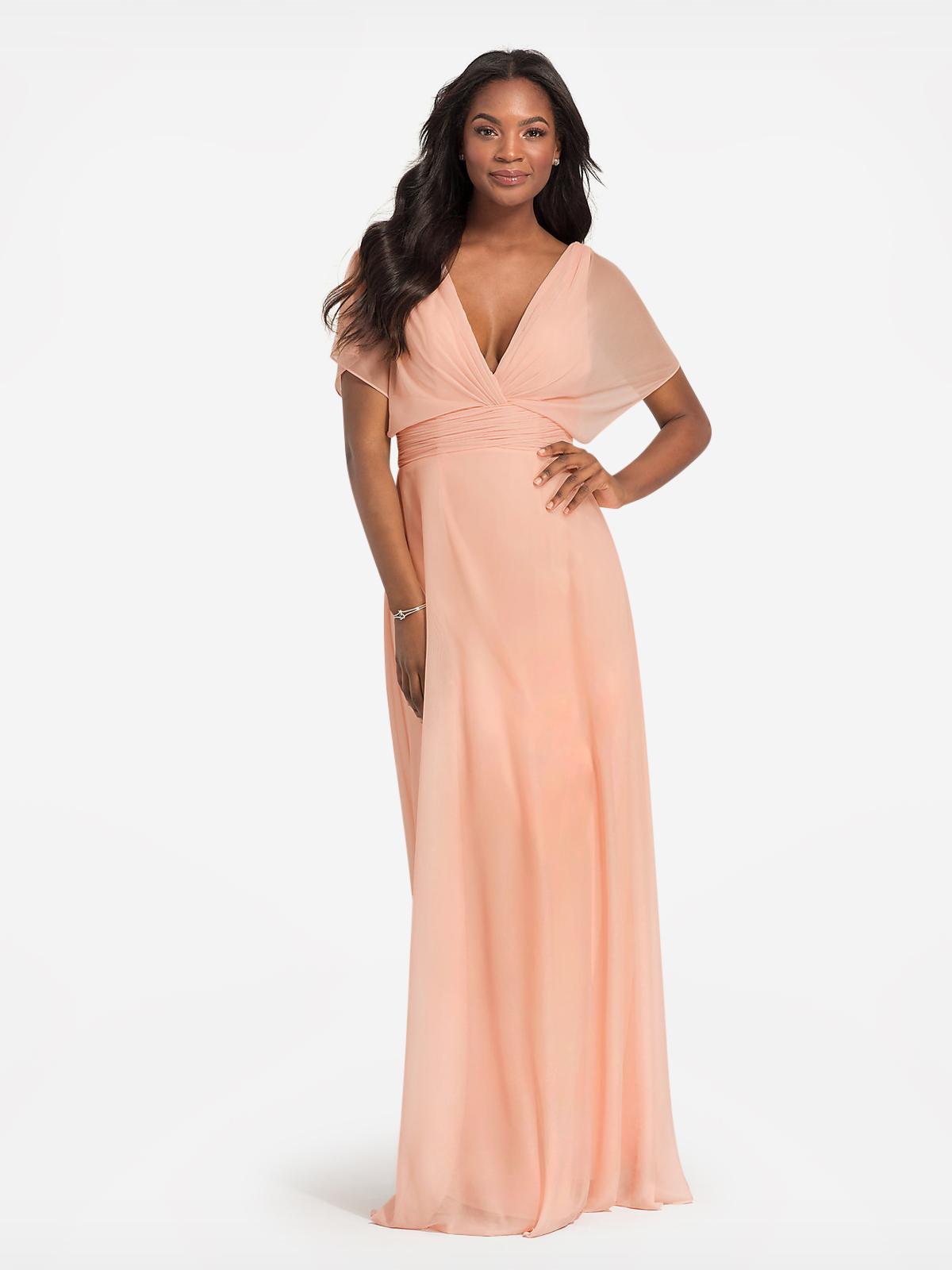 long bridesmaid dress with flutter cap sleeves
