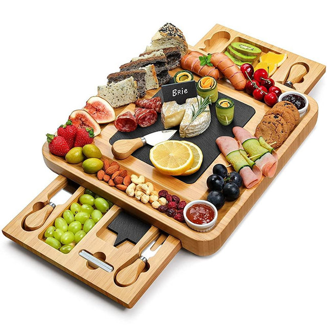 Easoger Large Charcuterie Board (28"×13"×1.6") with 2 Drawers, Bamboo Cheese Board with Knife Set, 2 Ceramic Bowls, Cutting Protection Natural Slate and Non-slip Feet, ideal for Housewarming Gift