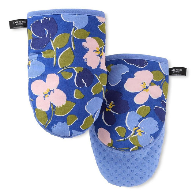 Kate Spade New York Painterly Bouquet Mini Oven Mitt 2-Pack Set, Heat Resistant, 100% Cotton with Printed Non-Slip Silicone Grip, Blue/Green/Rose, 5.5"X8"