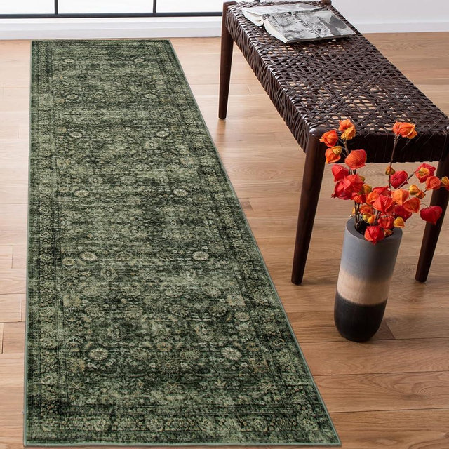 Morebes Vintage Kitchen Runner Rugs Non Skid Washable, Floral Boho 2x8 Runner Rug, Non Shedding Runner Rugs for Hallway Indoor Floor Carpet Runner for Laundry Room Bedroom,Dark Green