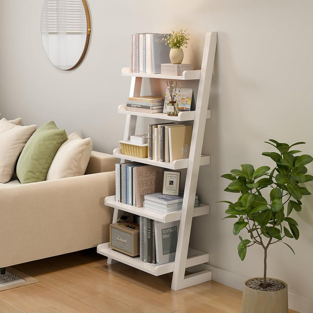 AQIMUELE White Wooden Ladder Shelf with Edges, 5-Tier Modern Leaning Bookshelf Ladder – Stylish Space-Saving Bookcase for Living Room, Bedroom & Home Office