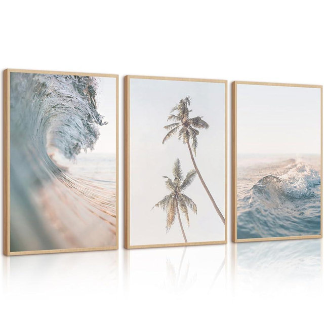 Beach Wall Art Decor Coastal Ocean Poster Palm Tree Canvas Wall Decor Beachy Room Aesthetic Pictures Blue Waves Prints Beach Coasta Artwork for Bedroom Living Room 8x10 Inch Unframed Set of 3