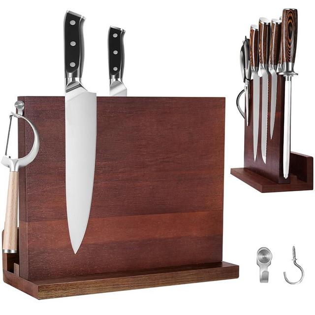 Magnetic Knife Holder for Wall, Knife Magnetic Strip No Drilling 16 Inch Powerful Acacia Wood Wall Knife Stand Block Also Can Support Mobile Phone and Tablet