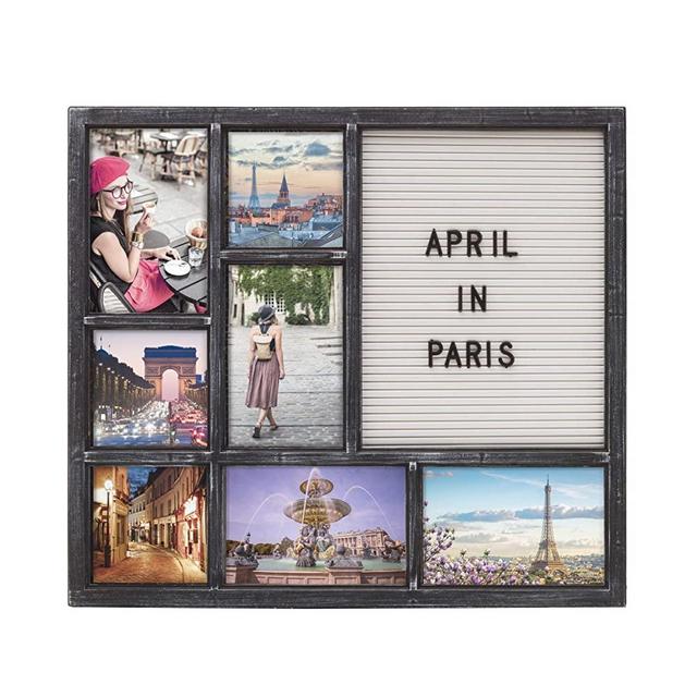 Melannco Customizable Letterboard 7-Opening Photo Collage, 15 x 17 inch, Distressed Black