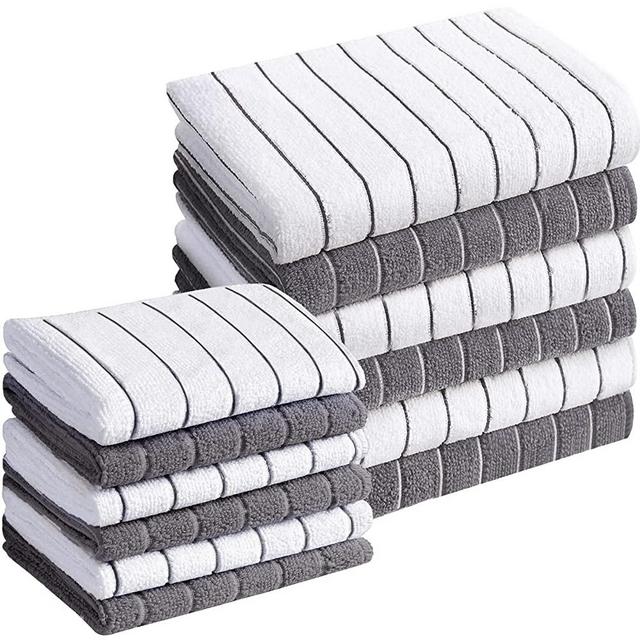 HYER KITCHEN Microfiber Kitchen Towels and Dishcloths Set, 26 X 18 Inch and 12 X 12 Inch, Set of 12, Lint Free Dish Towels for Drying Dishes, Gray and White
