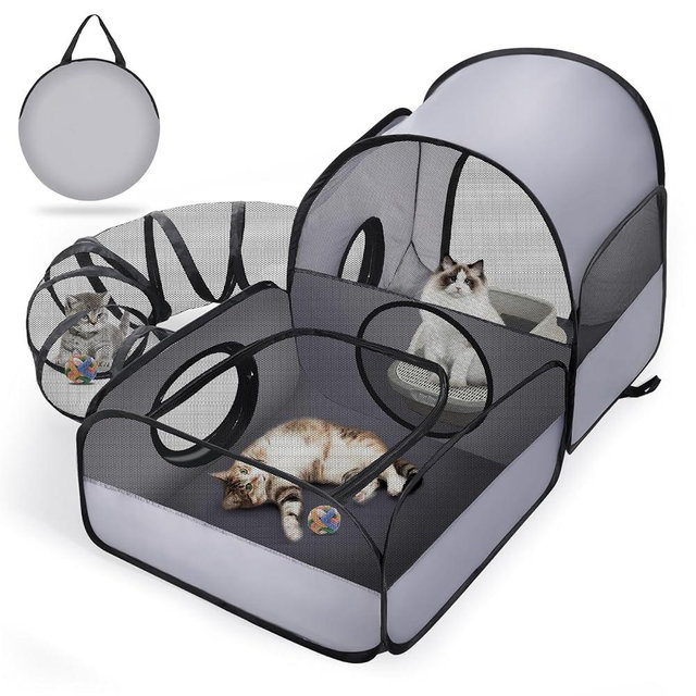 Portable Cat Playpen with Surround Tunnel, 2-Linked-Enclosed Areas, Ideal Cat Tent Outdoor or Cat Playpen for Indoor Cats Enclosed.Breathable Mesh Design for Indoor & Outdoor Use(Grey)