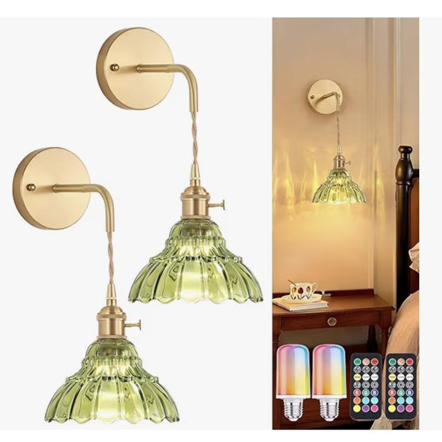 Shenmoyl Vintage Battery Operated wall sconces Set of 2, Wall Lamps with Green Lily of the Shade Pattern Glass, Adjustable Chain Wall Lights, sconces wall Decor for Stairway Living Room Doorway