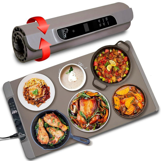 Food Warming Mat - Fast Heating Silicone Electric Tray with 4-Level Temp, Raised Feet Protect Table, Roll-Up Buffet Heat Pad, Portable Hot Plate for Home, Travel, Parties, Catering (Warm Gray)