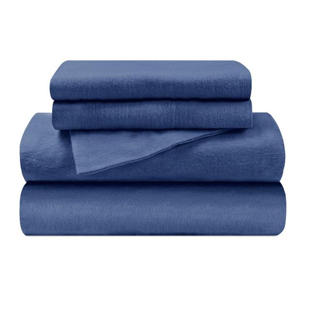 Paisley or Solid Flannel Cotton Deep Pocket Sheet Set, Split Top King, Navy Blue - Blue Nile Mills