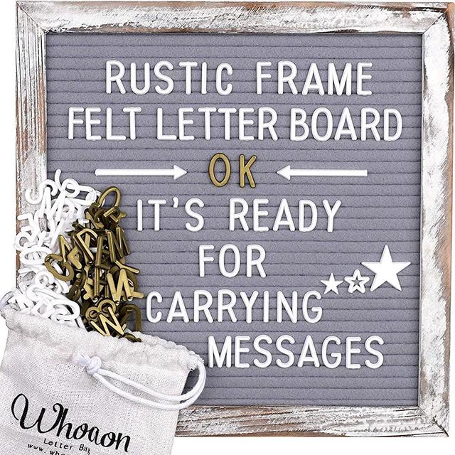 Rustic Graywash Barnwood Frame Light-Gray Felt Letter Board 10x10 inches. Pre-Cut White & Gold Letters, Symbols, Emojis, Simple Cursive Words + 2 Letter Bags, Plastic Stand. by whoaon