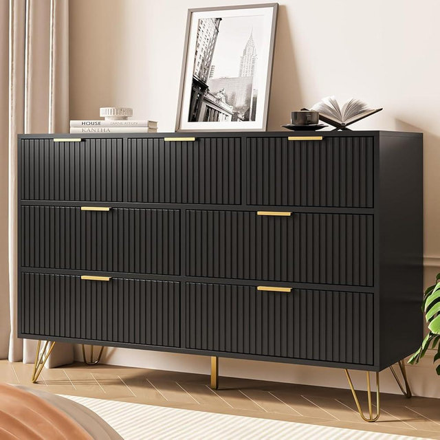 MAISONARIA Black Dresser for Bedroom, 7 Drawer Dresser with Gold Pulls, Wide Chest of Drawers for Bedroom, Entryway, 47.2" L x 15.7" D x 31.4" H