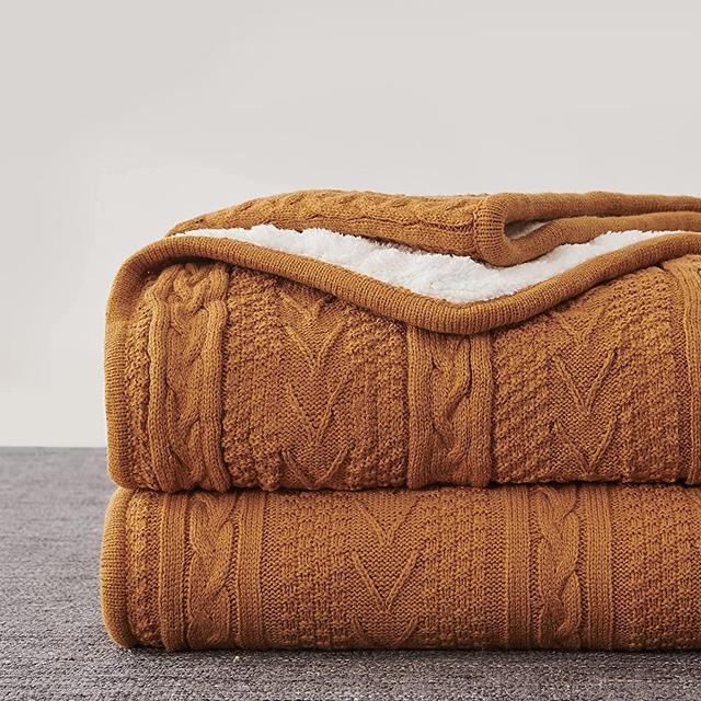Longhui bedding Burnt Orange 50 x 63 Inches Acrylic Cable Knit Sherpa Throw Blanket - Thick, Soft, Big, Cozy Knitted Fleece Blankets for Couch, Sofa, Bed - Large Coverlet All Season