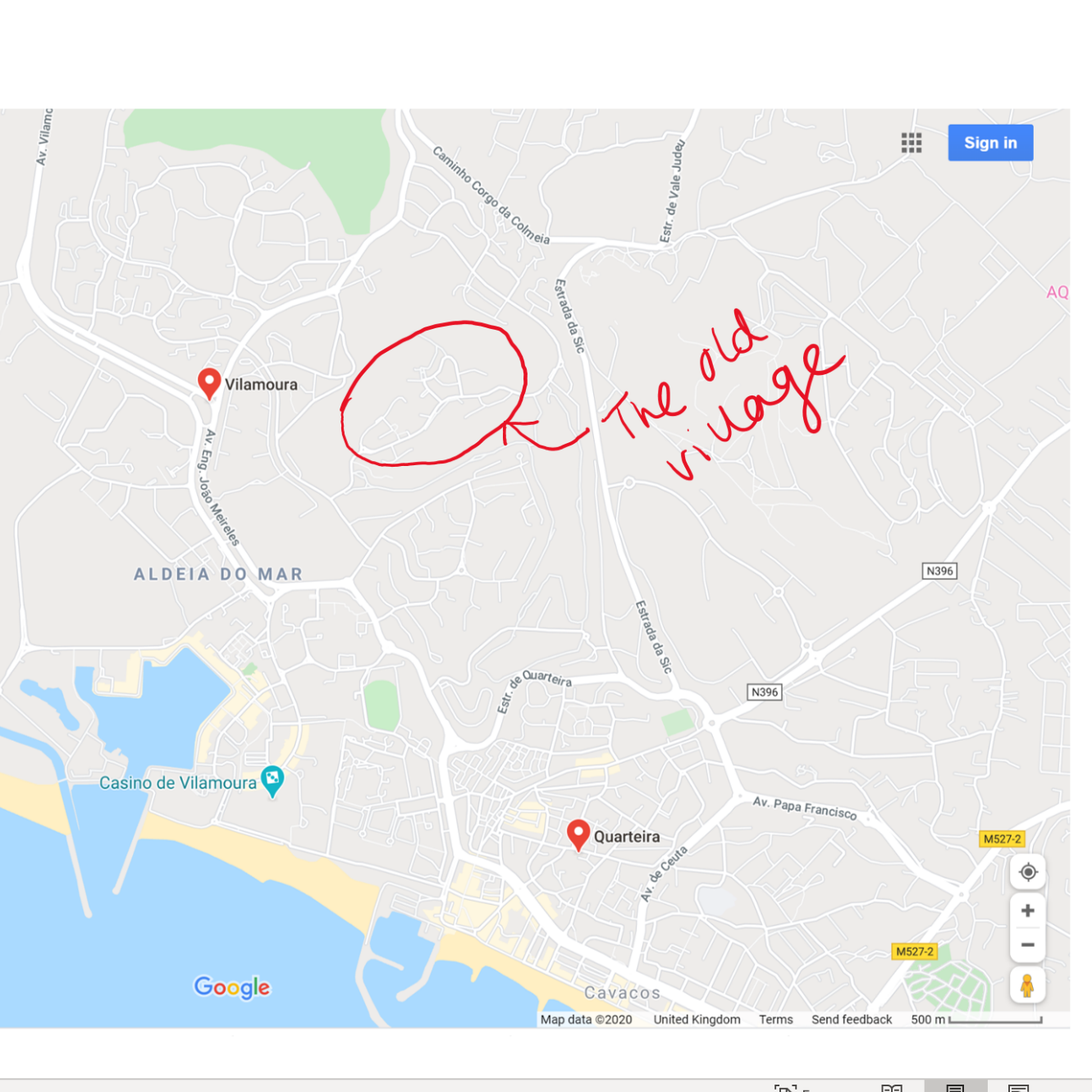 Location of the Old Village on a map of Vilamoura