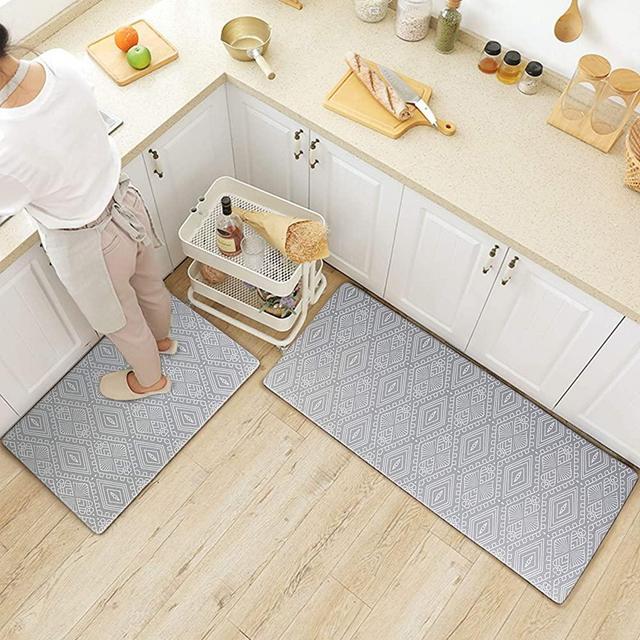 CRZDEAL Anti Fatigue Kitchen Mats 2 Pcs(17.1"x 29.9"+17.1"x 47.2") Thick PVC Non-Slip Waterproof Long Cushion Floor Comfort Mats for Kitchen, Bathroom, Laundry, Sink or Office