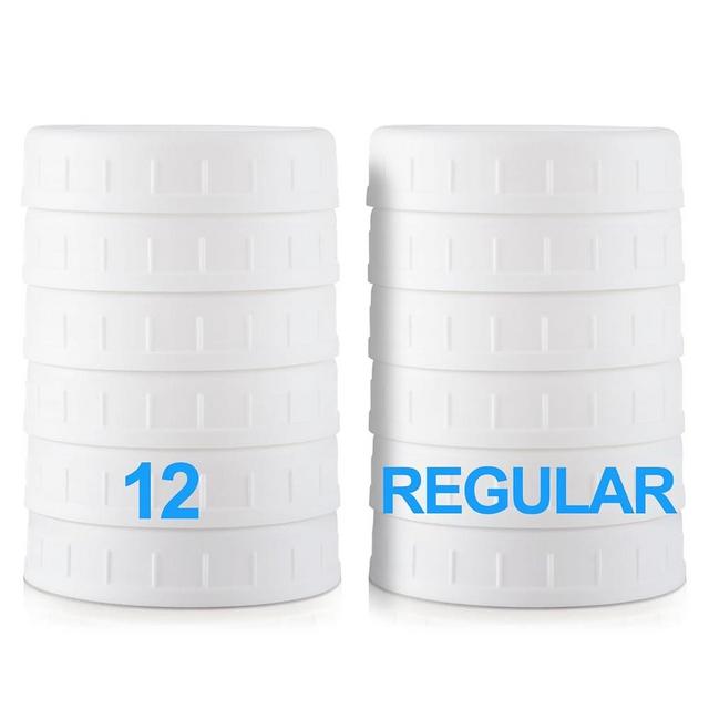 12 Pack REGULAR MOUTH Mason Jar Lids for Ball, Kerr and More - Plastic Storage Caps for Mason Jars, Canning Jars - Leakproof - White