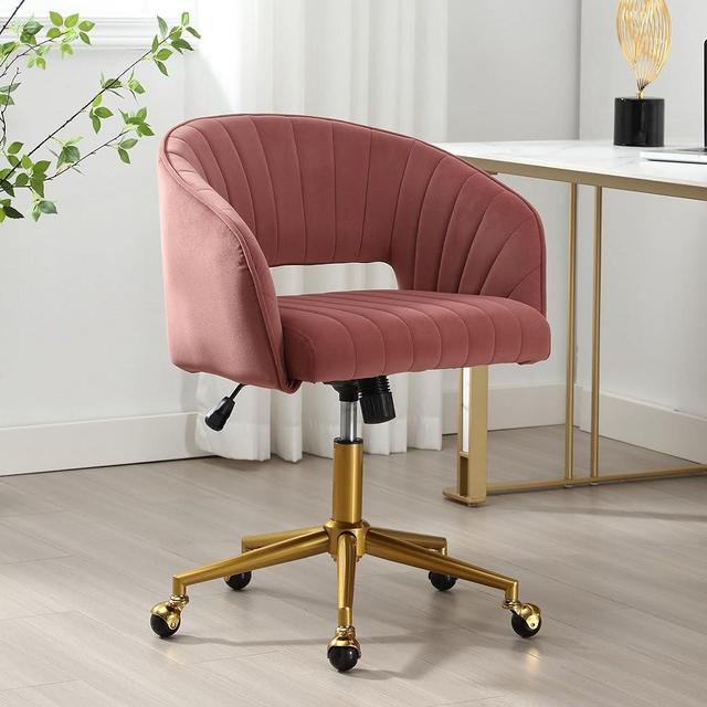 ABET Desk Chair with Wheels, Velvet Home Office Chair, Swivel Armchair Gold Base, Upholstered Modern Accent Chairs, Back Incline Adjustable for Living Room Bedroom Vanity, Bean Paste Red