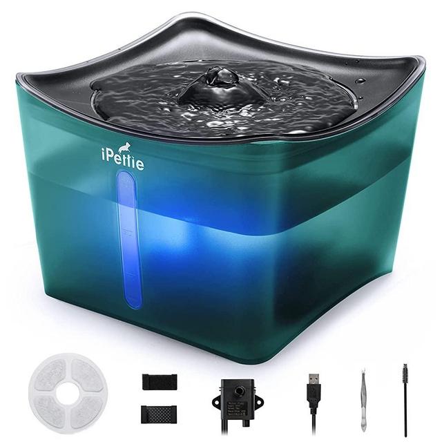 iPettie Kamino LED Light Pet Water Fountain 3L/101oz, Ultra-Quiet Automatic Water Dispenser with Water Level Window, USB Pump & Dual Filters for Cats and Dogs