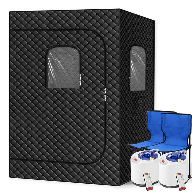 Tehanld 2 Person Portable Steam Sauna for Home, Upgraded 2 Steamer, 2 Foldable Chair & Remote Control (Black)