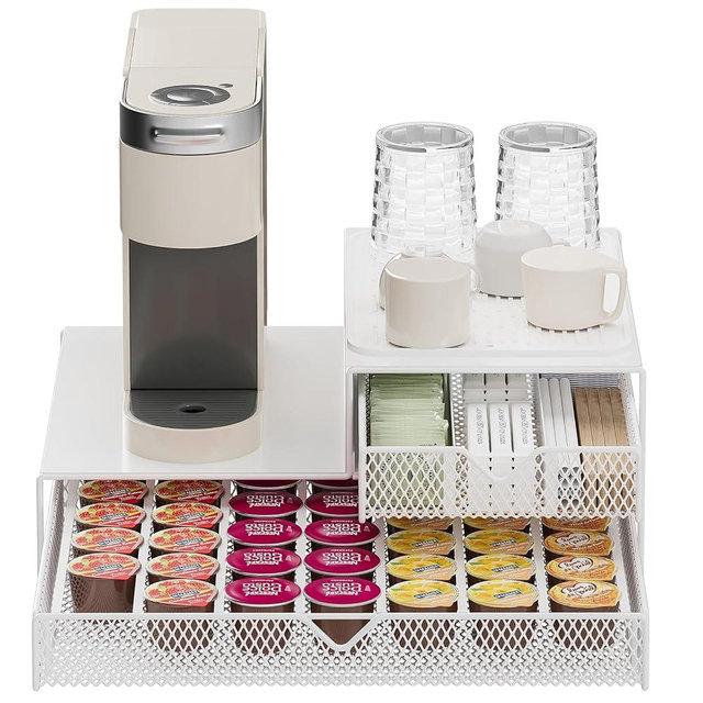 AmzAge Coffee Maker Countertop Organizer,K Cup Pod Drawers,60 Coffee Capsule Pod Holder,Integrated Design Requires No Assembly.Slidng Storage Pod Baskets,K Cup holder,Silicone Drink Coasters