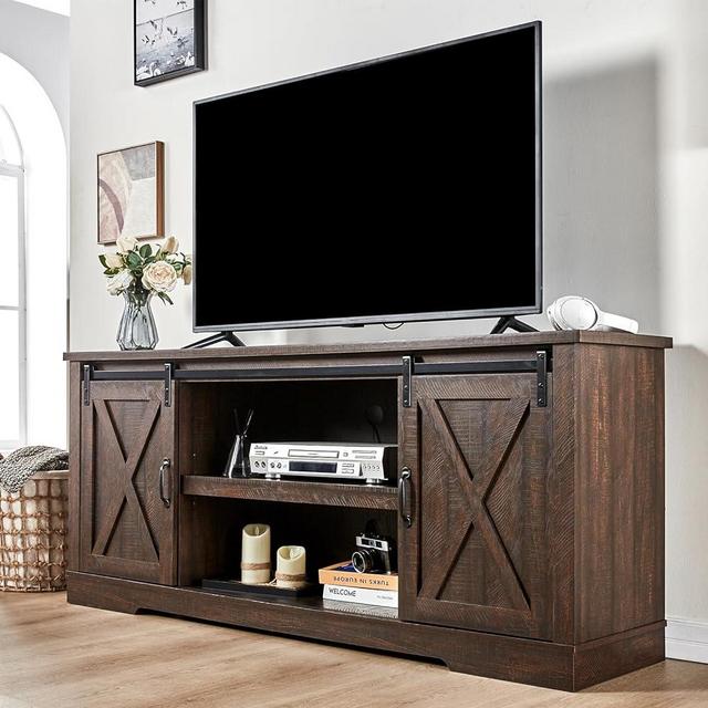 AMERLIFE 66" Farmhouse TV Stand for 75 Inches TVs, Entertainment Center with Sliding Barn Door and Adjustable Shelf & Feet, Console Table with Storage, Reclaimed Barnwood