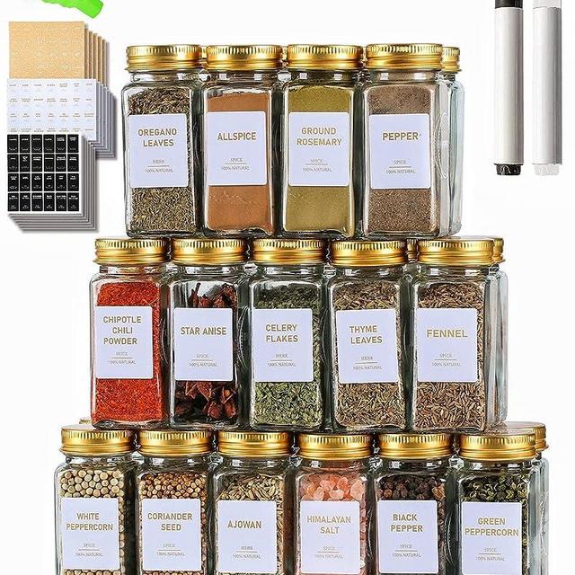 JARXSUN Glass Spice Jars with Label, 36 Pcs Spice Jars with Shaker Lids-4 oz Gold Spice Seasoning Jars Bottles Containers Set for Spice Rack (36)