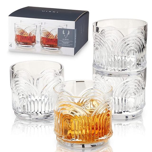 Viski Beau Lowball Tumblers, Set of 4 11 Oz DOF Glasses, Stackable Lead-Free Crystal Barware, Clear