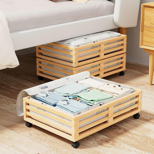 WISUCART Bamboo Under Bed Storage Containers- Underbed Organizer with Wheels with Large Dust Bag,Sturdy Wood Rolling Under the Bed Shoe Storage Organizer Drawer 2 Packs (Nature)