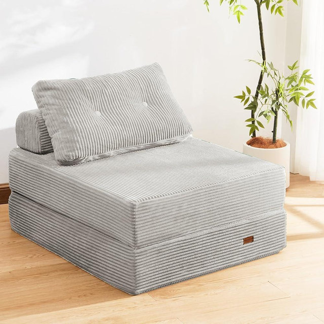 PIASHJOY Folding Chair,Sleep Chair with High-Density Support Foam,Portable 3 in 1 Fold Out Chair with Back Support and Pillow for Bedroom、Balcony、Hotel、Apartment,Single,Silver Gray