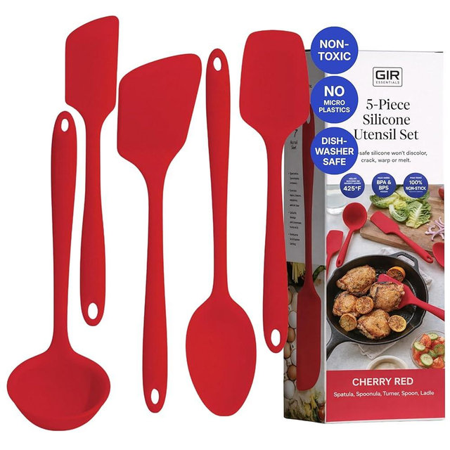 GIR 5-Piece Silicone Kitchen Utensils Set, Non-Toxic Cooking Utensils for Cooking and Baking, Heat Resistant, Food Grade, Dishwasher Safe Rubber Spatula, Ladle, Spoon - Cherry Red