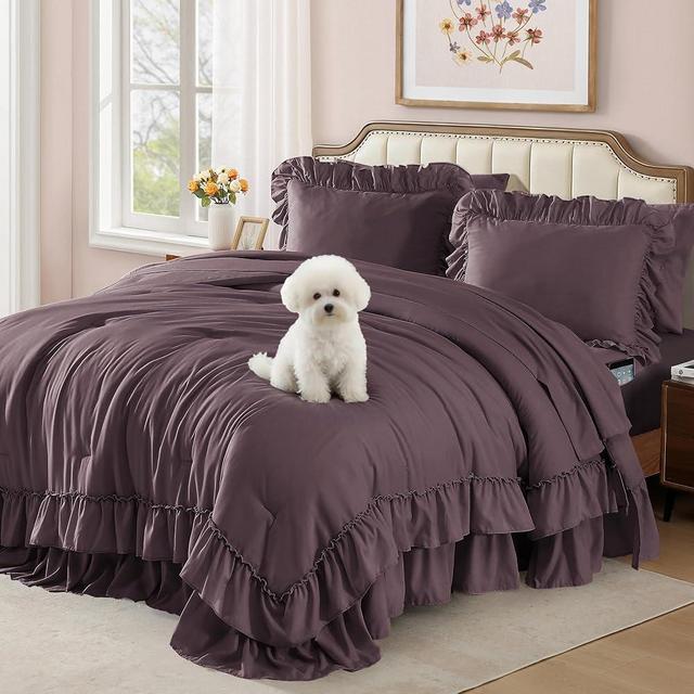 AMBERSPACE Queen Comforter Set Dark Purple, Ruffle Shabby Chic Bedding Set Farmhouse 7 Pieces, All Season Fluffy Bed in a Bag with Sheets, Pillowcases & Shams