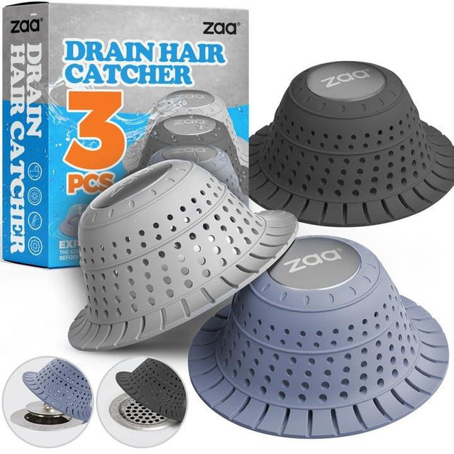 zaa Bathtub Drain Hair Catcher, Silicone Collapsible 3 Pack Drain Protector for Pop-Up and Regular Drains of Shower, Bathtub, Tub, Bathroom, Sink, Black Grey Blue