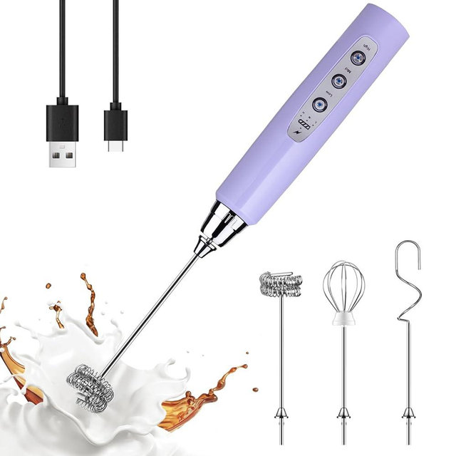 YUSWKO Light Purple Handheld Milk Frother Wand for Coffee, Rechargeable Electric Whisk with 3 Heads 3 Speeds Drink Mixer Coffee Frother For Latte, Cappuccino, Hot Chocolate, Egg