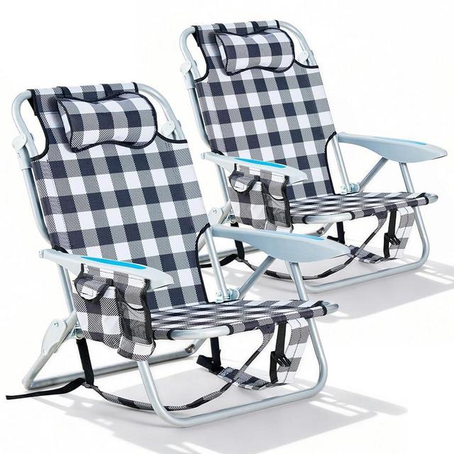 Canpsky 2 Pack Lightweight Portable Camping Beach Chair for Adults, Outdoor Lay Flat Folding Beach Chairs with 5 Positions, Backpack Beach Chair with Towel Bar, Zipper Pouch, Cup Holder, Plaid