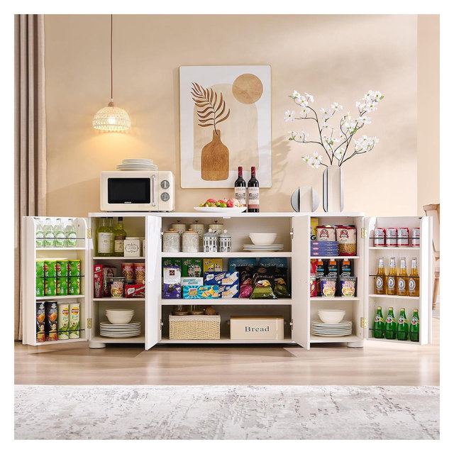 Kitchen Buffet Sideboard Cabinet with 4 Doors and Shelves, Modern Large Sideboard Buffet Storage Cabinet, 66" Coffee Bar Storage Cabinet, White