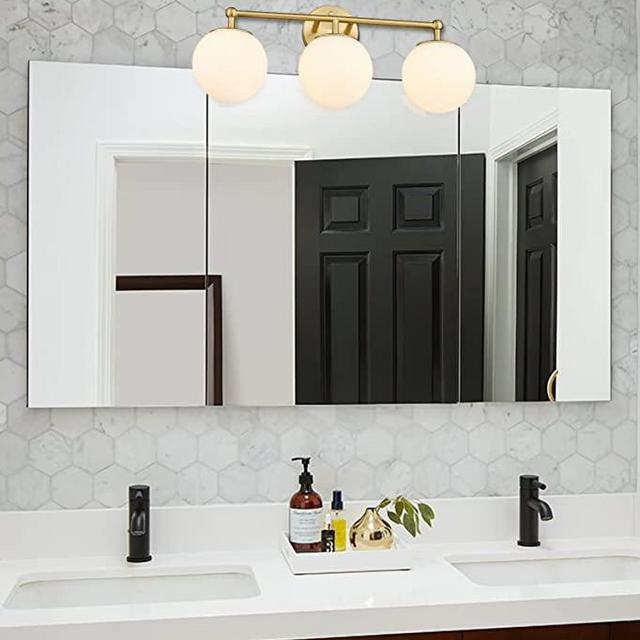 AKEZON Gold Vanity Light for Bathroom, Modern Bathroom Light Fixtures Over Mirror 3-Light with Milky Glass Globe Shade, KW-7308-3