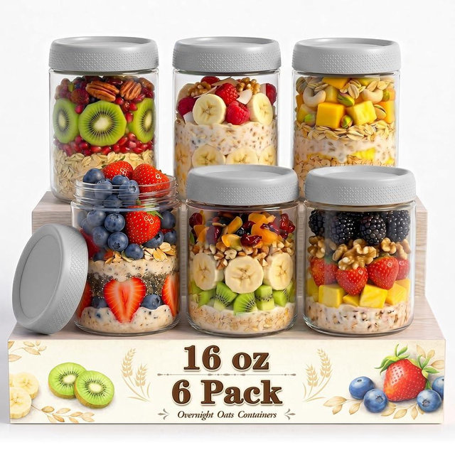 SECLENT 6 Pack Mason jars, 16 oz Overnight oats Containers with Lids, Parfait Cups with Lids for Yogurt, Oatmeal, Glass Jar with Lid for Storage, Food, Pudding, Sugar, Salad, Snack, Kitchen, Jam(Gray)