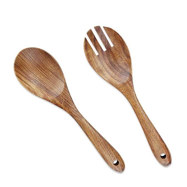 Salad Servers, Salad Tongs, AOOSY 10.2 inches Acacia Wood Serving Spoons Set Salad Mixing Dinner Fork and Spoon Long Handle Salad Server Set Kitchen Cooking Utensil Cutlery Set (2 Pieces)