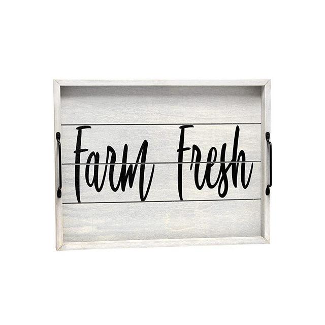 Elegant Designs HG2000-GFF Wood w-Handles Decorative Serving Tray, 15.5" x 12", Gray Wash Farm Fresh