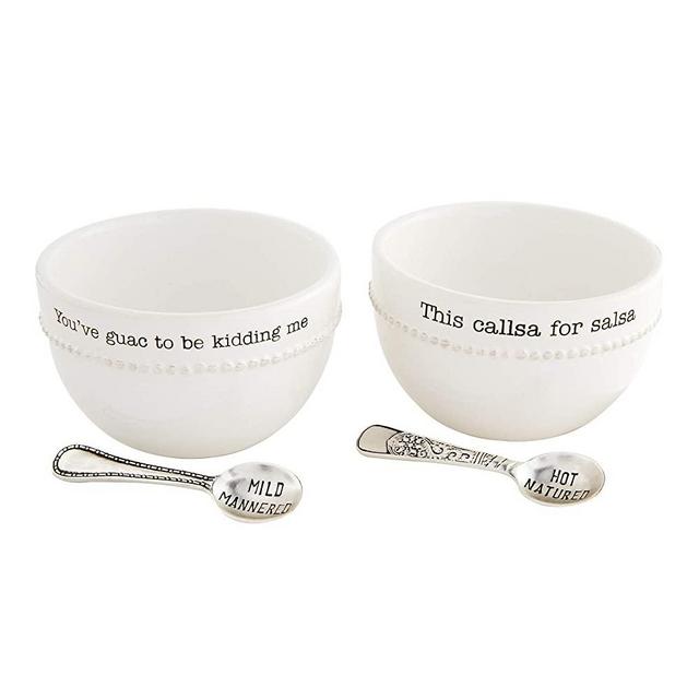 Mud Pie SALSA AND GUAC SET, bowl 2 1/2" x 4" dia | spoon 3 1/2", White