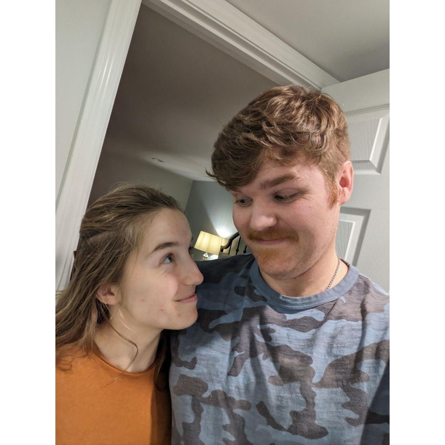 Nathaniel trying out a 90's cop mustache. Kenedie said no.