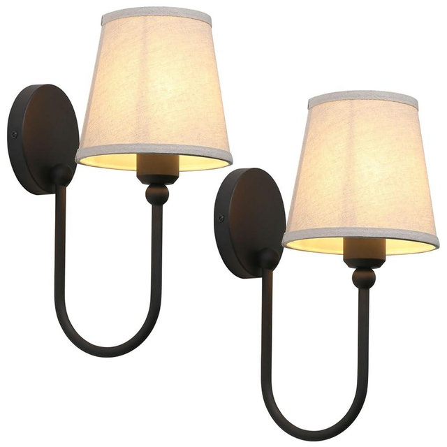 Pathson Antique Linen Fabric Wall Sconces Set of 2, Hardwired Curved Arm Bathroom Vanity Light, Indoor Wall Decor Lamp for Living Room, Kitchen, Bedroom, Foyer