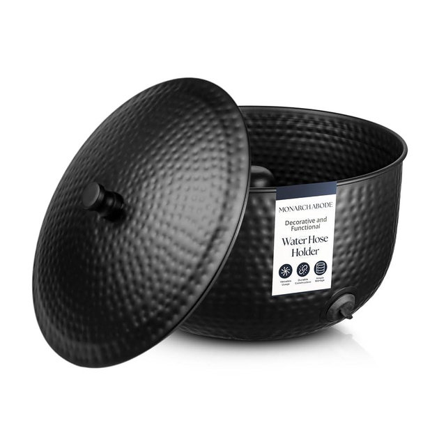 Monarch Abode Decorative Garden Hose Holder with Lid, Matte Black Storage for Outdoor Use, 100 ft Water Hose Pot for Outside, Hand Hammered Metal Pot with Drainage, Garden Storage Organizer